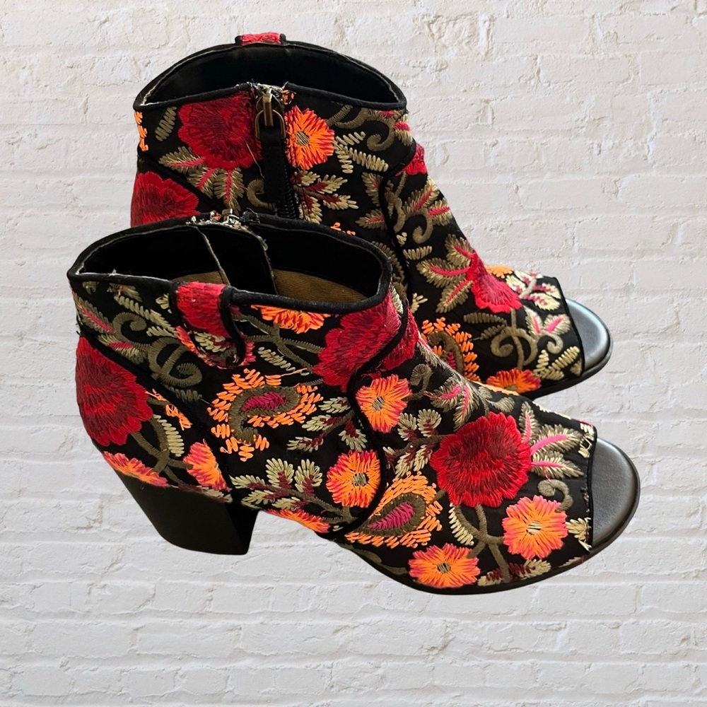 Crown Vintage Red and Orange Floral Design Ankle Boots with Peep Toe